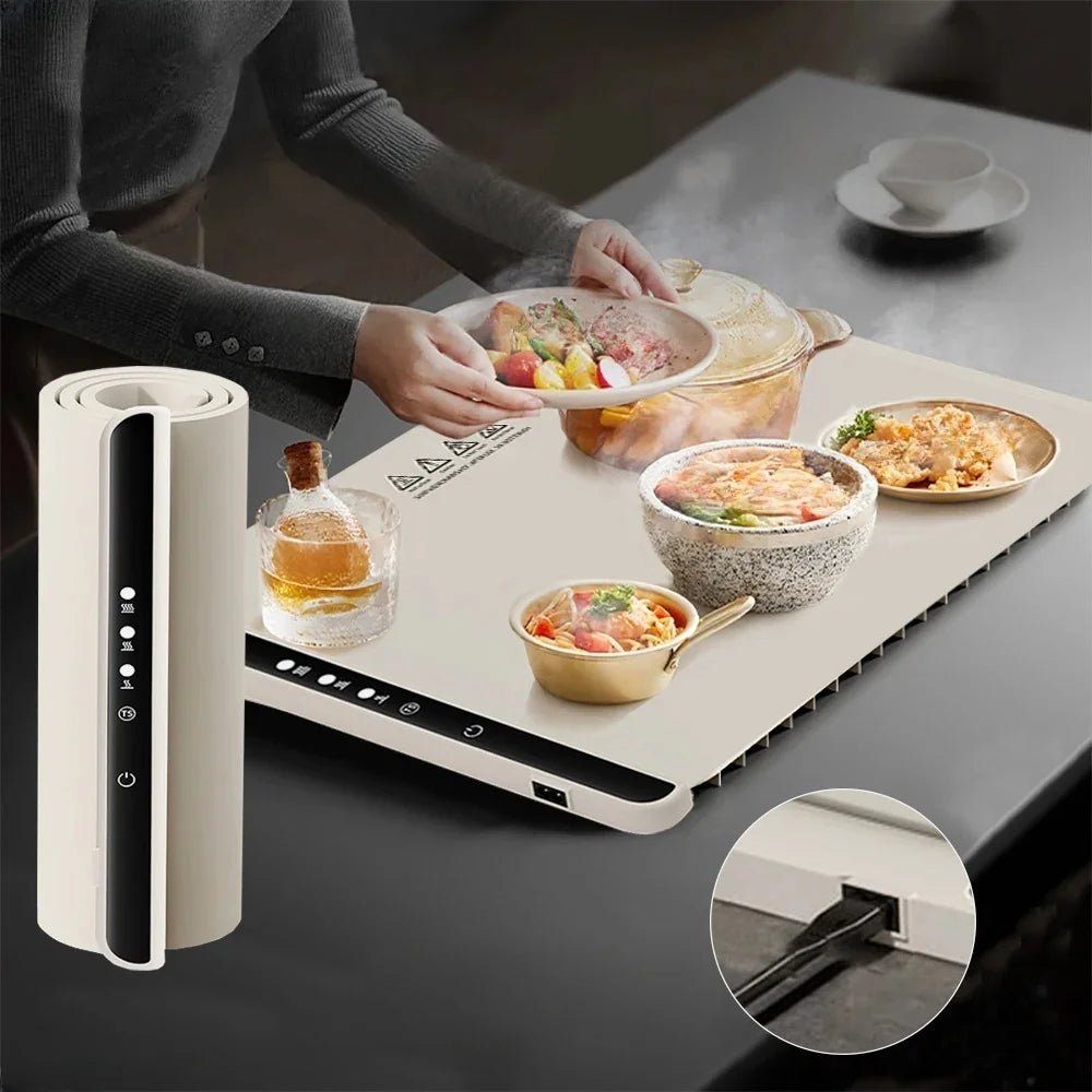 Electric Warming Tray Foldable Food Warmer Mat with 3 Tem Setting Fast Full Surface Heating Portable Electric Food Warming Tray
