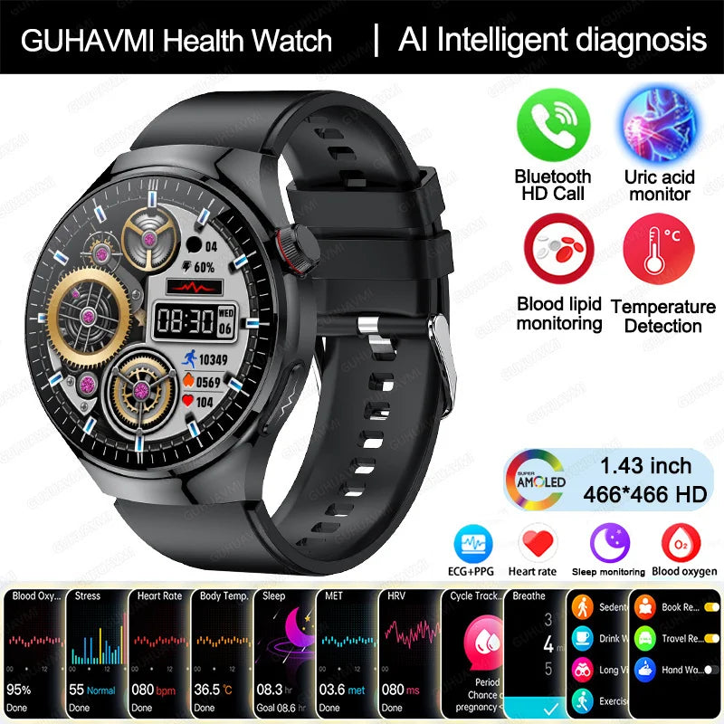 2025 New Nursing Grade Smart Watch Blood oxygen Blood Lipid Uric Acid ECG+PPG Body Temperature Bluetooth Call Health Smartwatch - MyLootWare