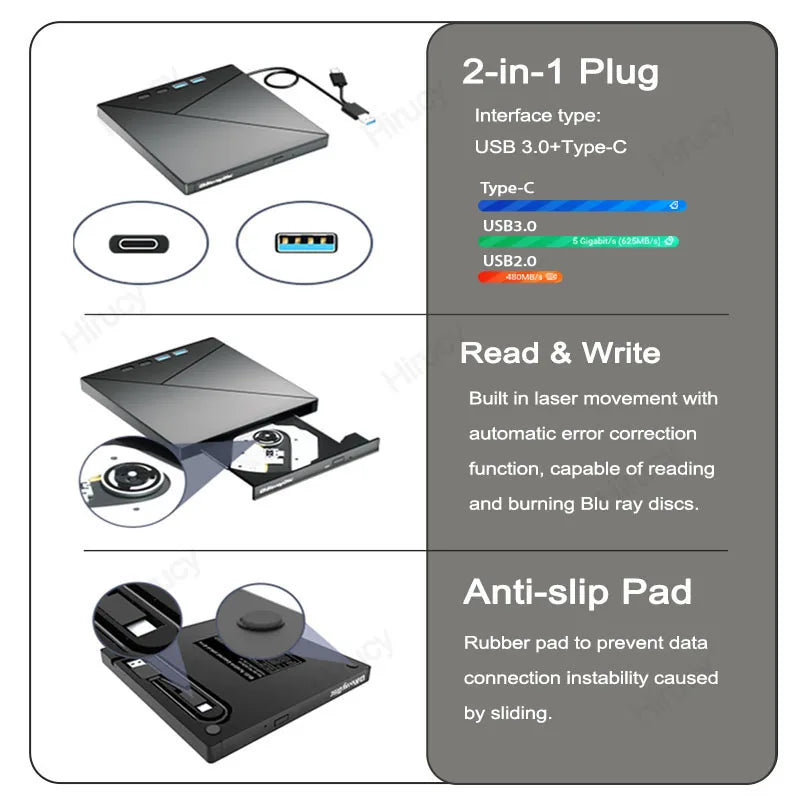 External 4K Blu ray Optical Drive Portable CD DVD