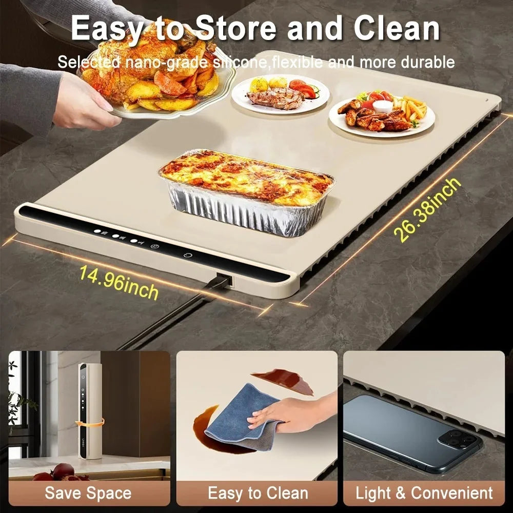 Electric Warming Tray Foldable Food Warmer Mat with 3 Tem Setting Fast Full Surface Heating Portable Electric Food Warming Tray