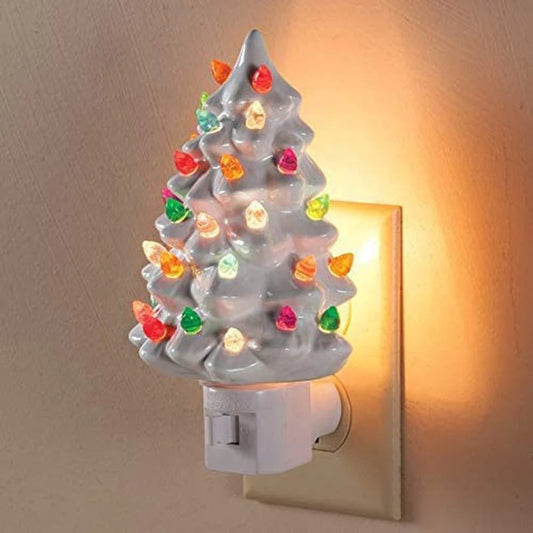 Christmas Tree LED Night Light Ceramic Decorations Vintage Green Xmas Tree Wall Plug In Night Lamp Hand Painted Nightlight - MyLootWare
