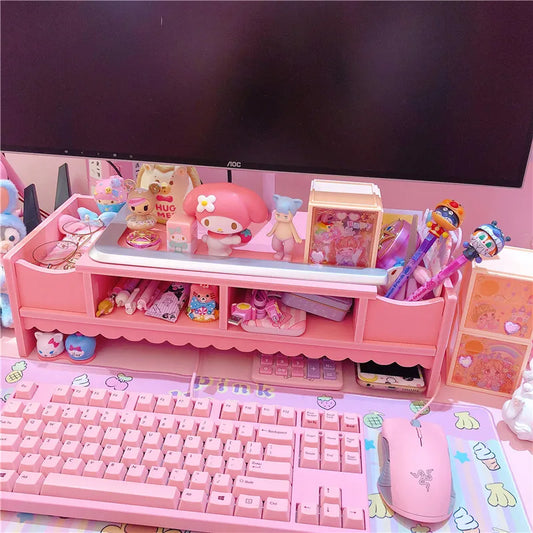 Pink Cute Monitor Stand Desktop Storage Wood