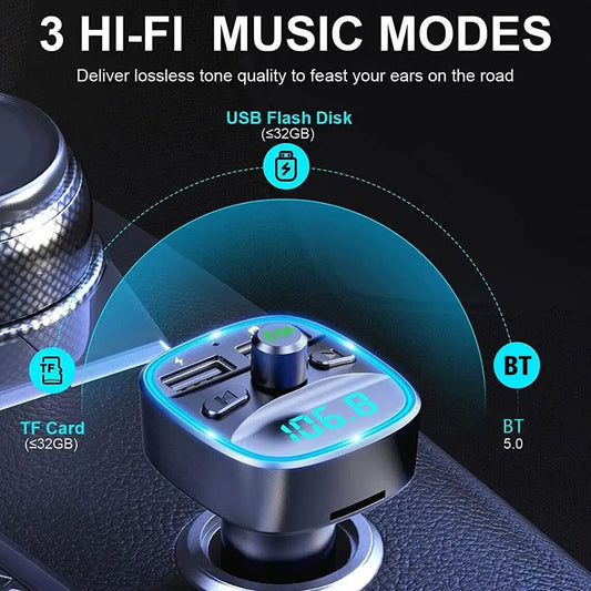 Car Adapter Bluetooth 5.0 Dual USB Port Charging Hands-free Calling Blue LED Light Fast Charging FM Transmitter Car Accessories - MyLootWare