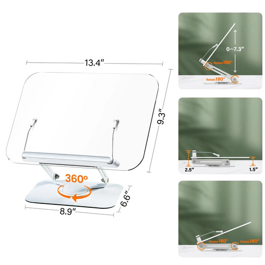 Acrylic Book Stand for Reading, Adjustable Book Holder with 360° Rotating Base & Elastic Page Clips Foldable Desktop Riser Stand - MyLootWare
