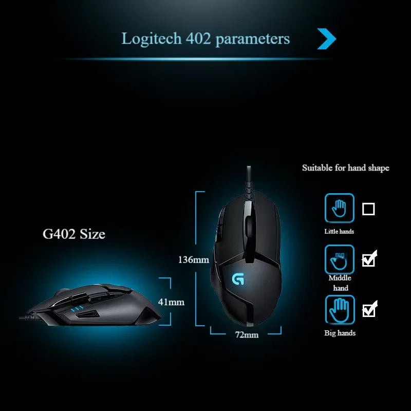 Logitech G402 gaming mouse with esports grade high-speed response and precise operation feedback, suitable for various games