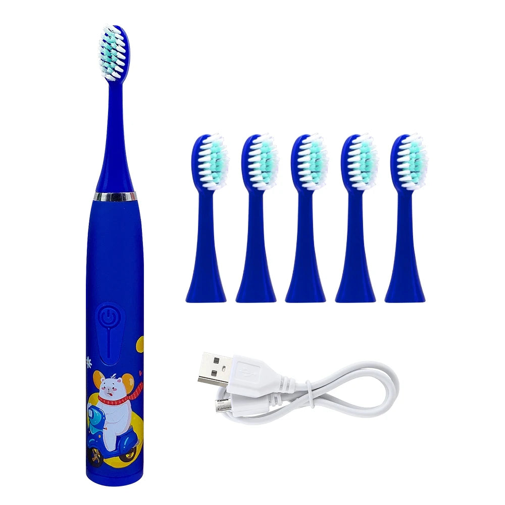 Children's Electric Toothbrush Sonic Toothbrush Soft Bristled Cartoon Toothbrush 4 Mode Waterproof Kids With Cleaning brush - MyLootWare