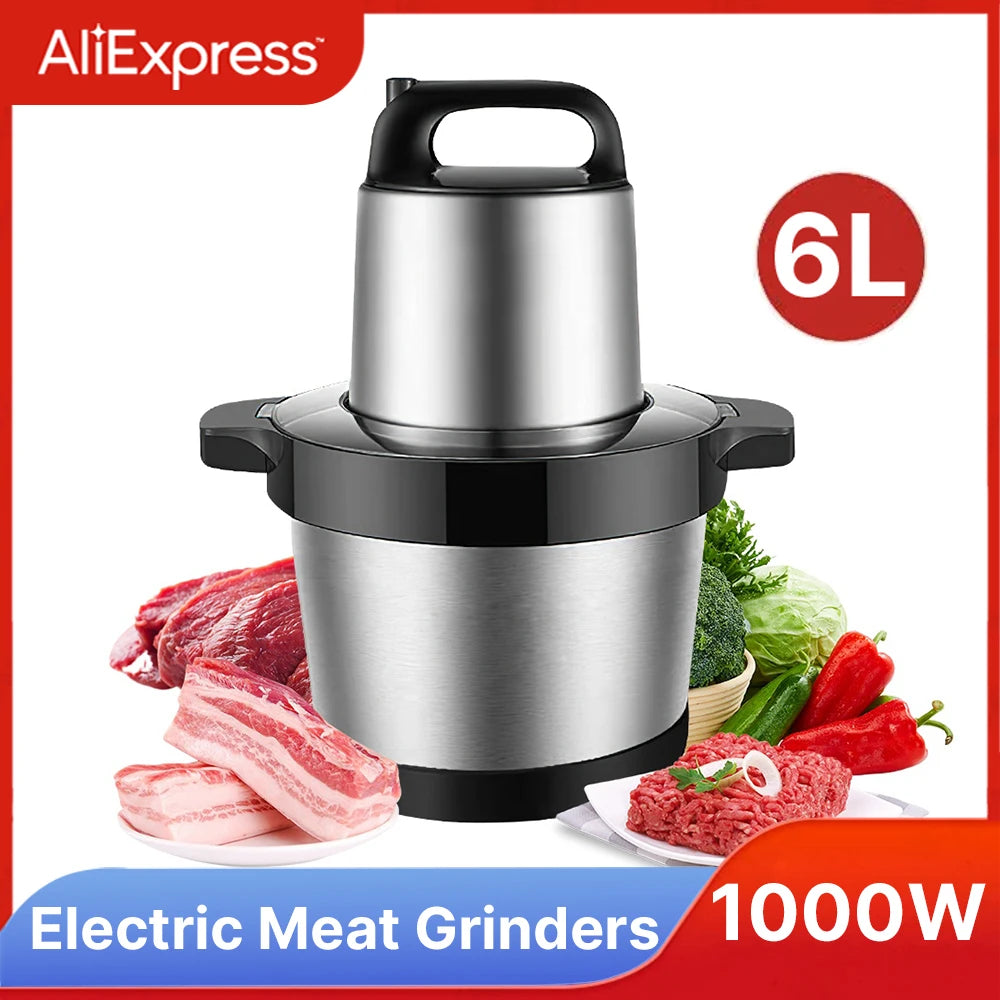 1000W Meat Grinder Kitchen Chopper 6L Electric Home Meat Grinders Stainless Steel Vegetable Food Processor Blender Mixer - MyLootWare