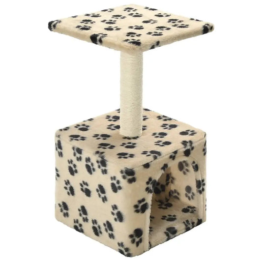 W2B VidaXL Modern Large Cat Tree Tower Beige with Black Paw Prints Cat Condo Scratching Post Made of Wood Sisal Cute Style