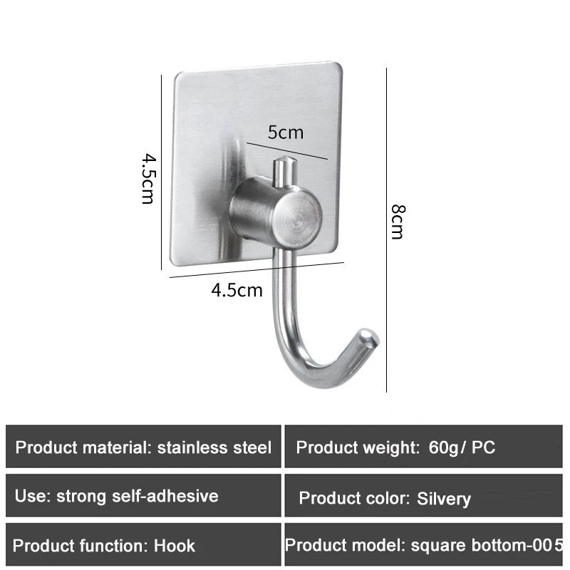 1PC Metal Hooks Strong Self Adhesive Hook Bathroom Stainless Steel Hook Wall Hangers Coat Towel Rustproof Hooks Kitchen Hardwar - MyLootWare