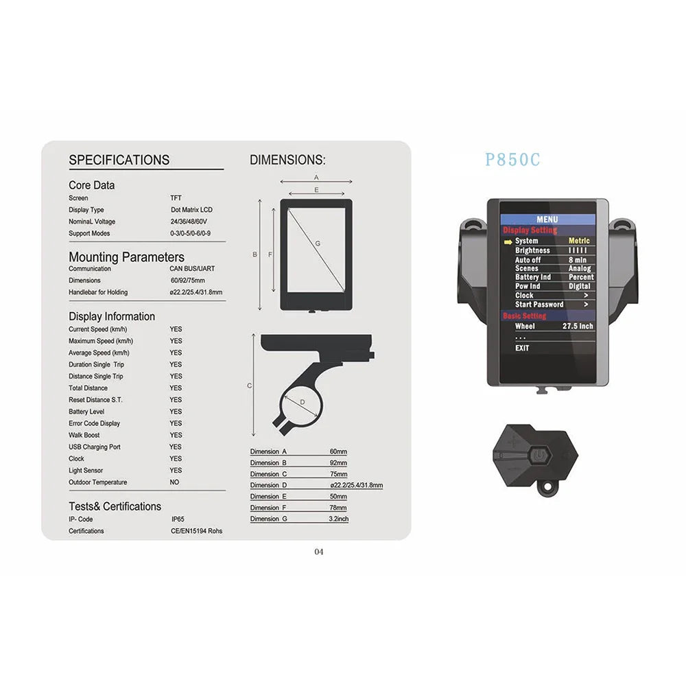 Electric Bike Speedometer with USB Port, TFT