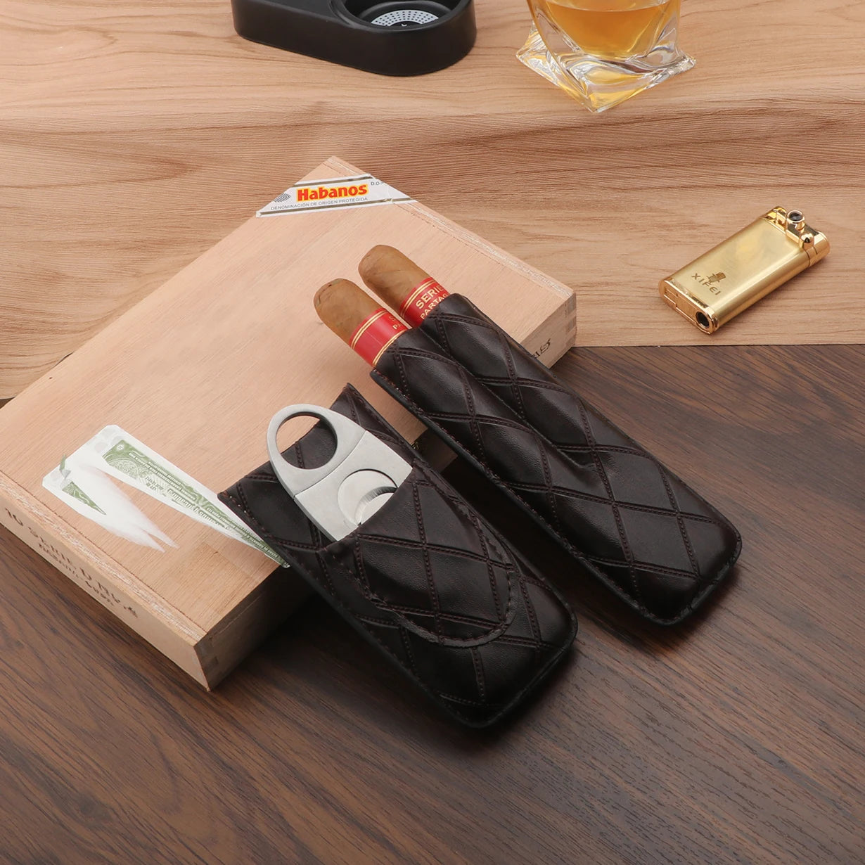 Xifei PU 2 Slots Cigar Case Set Portable Humidor