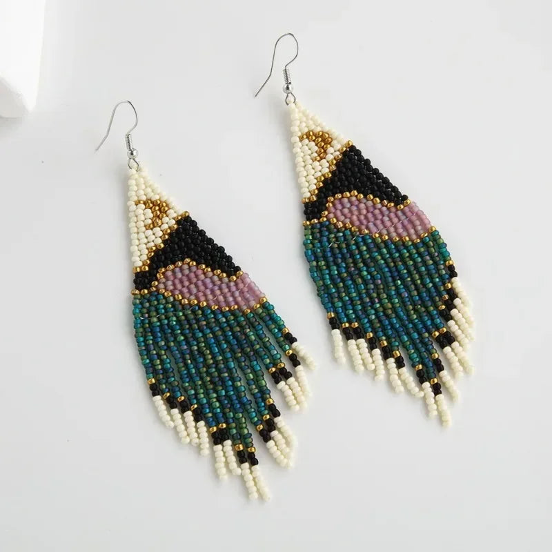 Rice bead earrings Tassel landscape View Moon