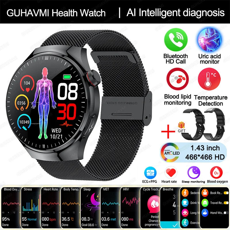 2025 New Nursing Grade Smart Watch Blood oxygen Blood Lipid Uric Acid ECG+PPG Body Temperature Bluetooth Call Health Smartwatch - MyLootWare