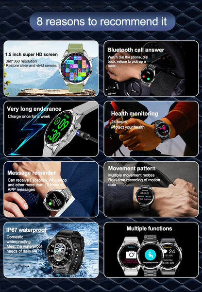 ساعة ذكية للرجال 1.53 شاشة عالية الدقة 360*360 مكالمات بلوتوث IP67 مقاومة للماء مع أكثر من 100 رمز رياضي ومراقبة معدل ضربات القلب ساعة ذكية