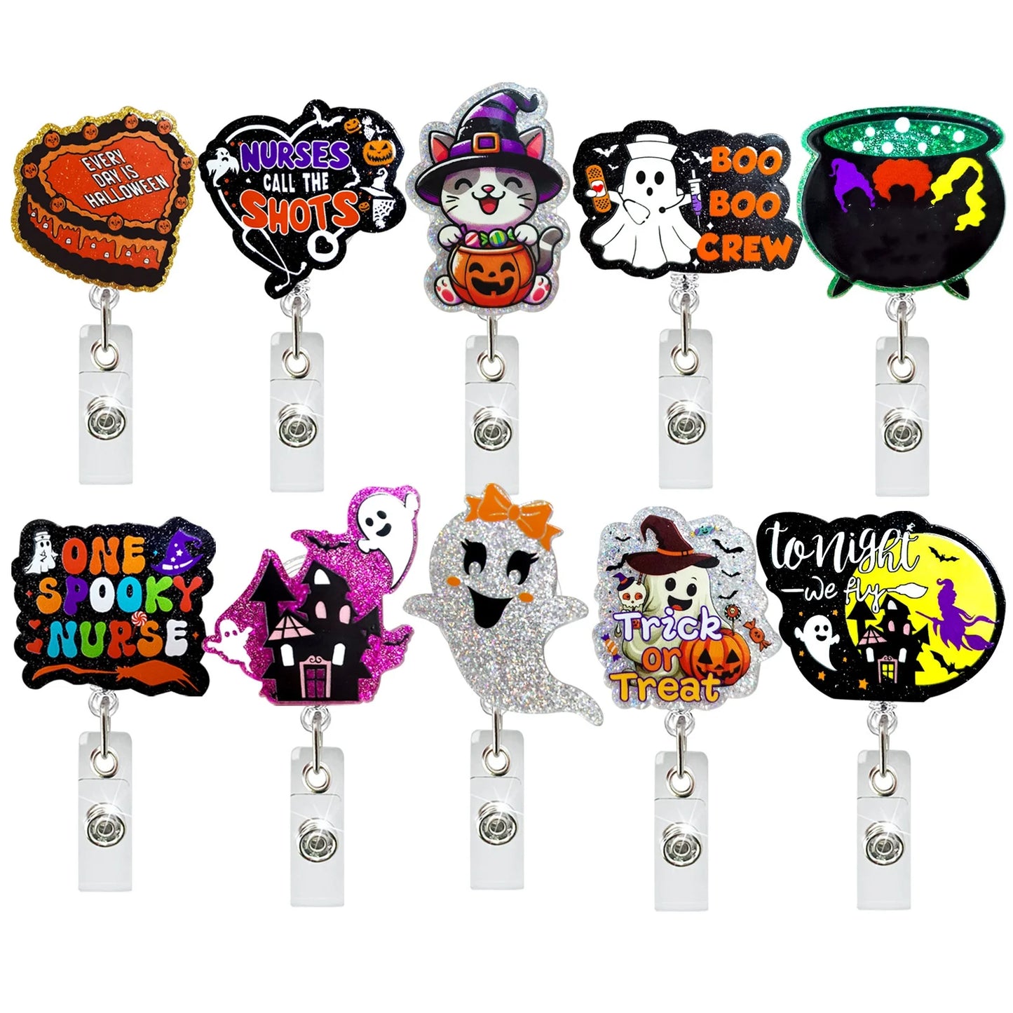 Acrylic Glitter Halloween Ghost Pumpkin Cat Retractable Badge Reel Rotating ID Badge Holder Crocodile Clip For Doctor And Nurse - MyLootWare