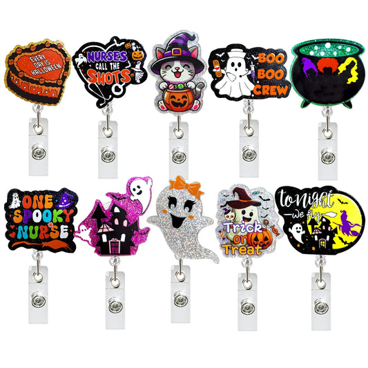 Acrylic Glitter Halloween Ghost Pumpkin Cat Retractable Badge Reel Rotating ID Badge Holder Crocodile Clip For Doctor And Nurse - MyLootWare