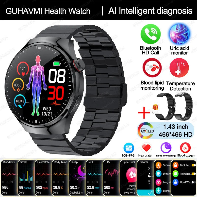 2025 New Nursing Grade Smart Watch Blood oxygen Blood Lipid Uric Acid ECG+PPG Body Temperature Bluetooth Call Health Smartwatch - MyLootWare