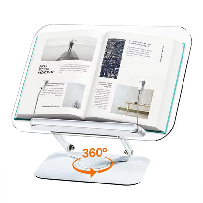 Acrylic Book Stand for Reading, Adjustable Book Holder with 360° Rotating Base & Elastic Page Clips Foldable Desktop Riser Stand - MyLootWare