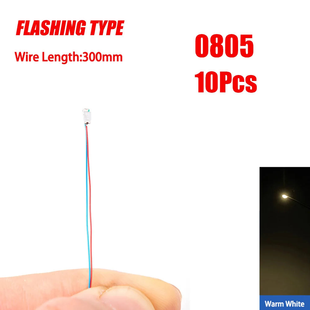 10pcs 0805 FLASHING LED SMD Lamp Wired Micro Litz Led Pre-soldered Chip Wired 30cm 3V Railway Model Toy Light DIY Leads Wires - MyLootWare