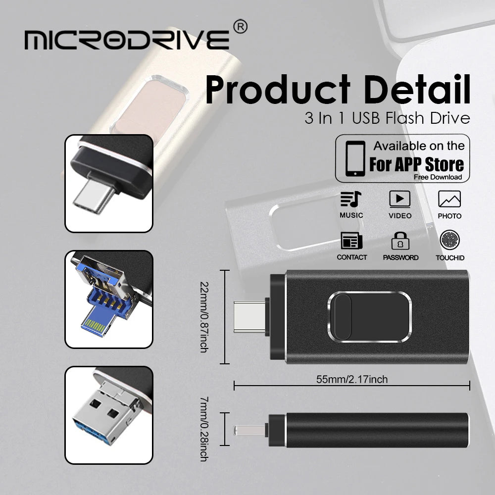 3 in 1 USB3.0 flash drives 256GB 128GB 512GB for ipad iphone 6 plus/7/7Plus/8/X Usb/Otg 32GB 64GB Pendrive Compatible Apple PC