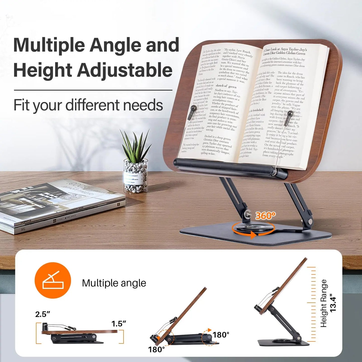 Acrylic Book Stand for Reading, Adjustable Book Holder with 360° Rotating Base & Elastic Page Clips Foldable Desktop Riser Stand - MyLootWare