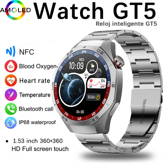 2025 New SmartWatch Men GT5 Pro AMOLED Screen GPS Sports Bluetooth call Heart rate Outdoor Waterproof Smartwatch For Huawei IOS - MyLootWare