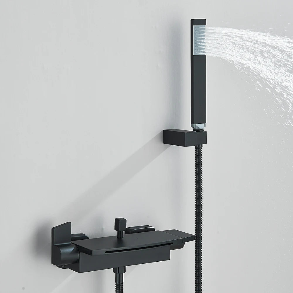Black Waterfall Bathtub Shower Faucets Wall Mount Shower Mixer Tap Faucets Hot Cold Bath Shower Tap BaRobinet Baignoire - MyLootWare