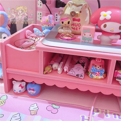 Pink Cute Monitor Stand Desktop Storage Wood