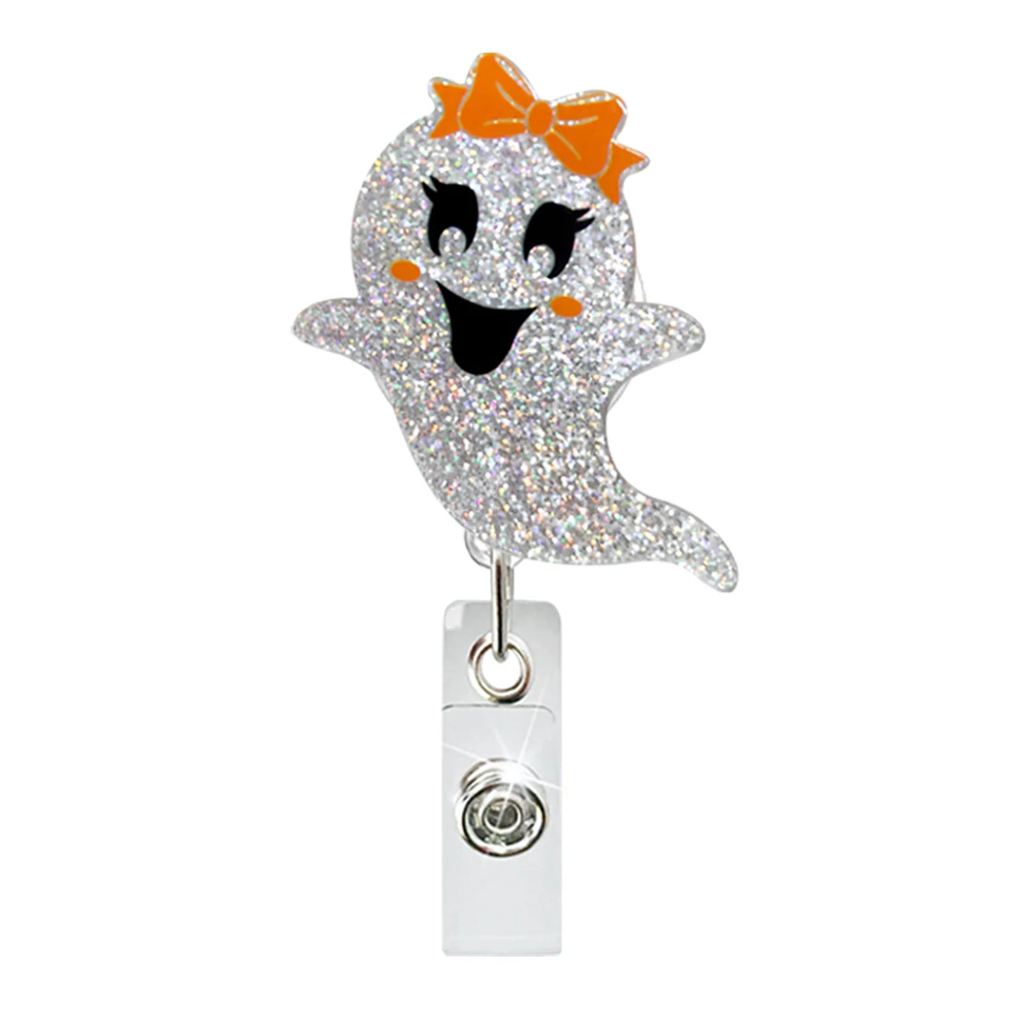 Acrylic Glitter Halloween Ghost Pumpkin Cat Retractable Badge Reel Rotating ID Badge Holder Crocodile Clip For Doctor And Nurse - MyLootWare