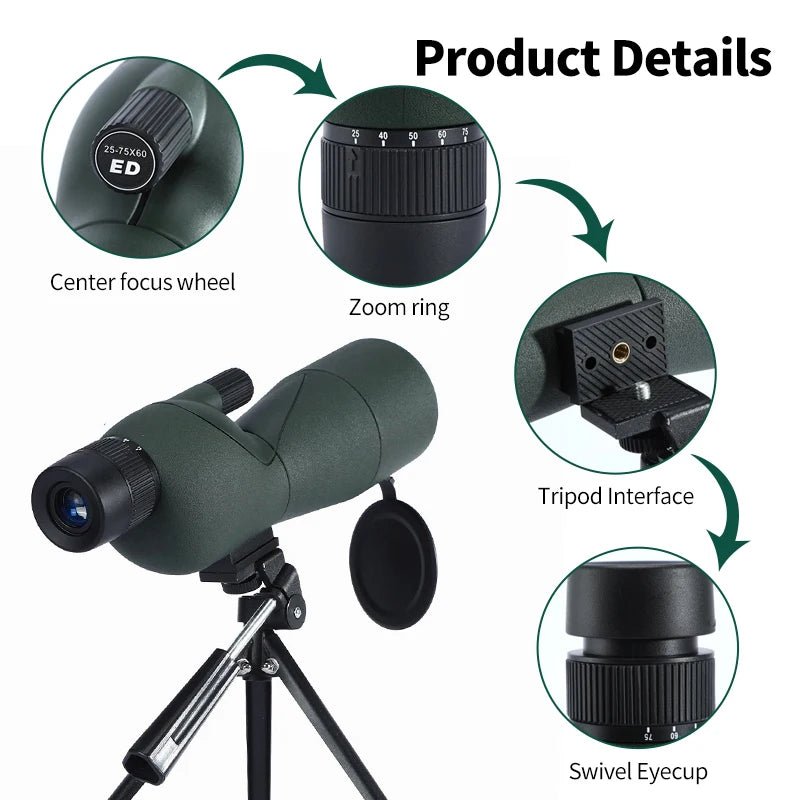25-75x60 Zoom Spotting Scope ED Lens Powerful Monocular Bak4 Prism Telescope For Outdoor Camping Bird Watching Shooting - MyLootWare