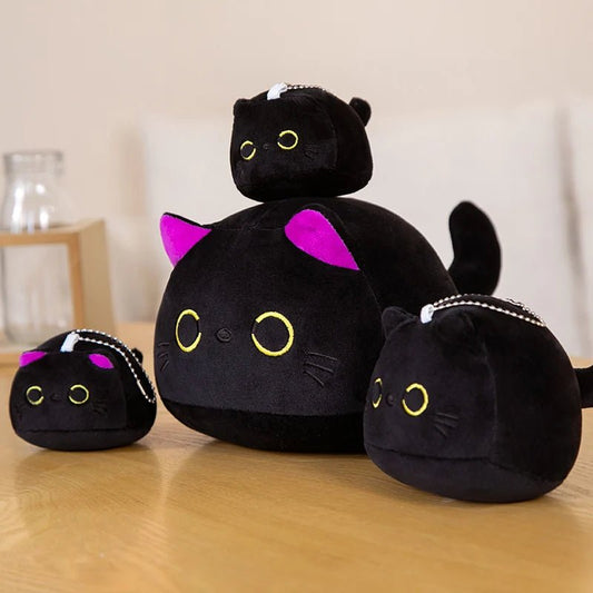 9/15/25CM Small Cuddly Black Cat Plush Doll Cartoon Stuffed Round Ball Cat Plushie Bag Keychain Pendant Toys - MyLootWare