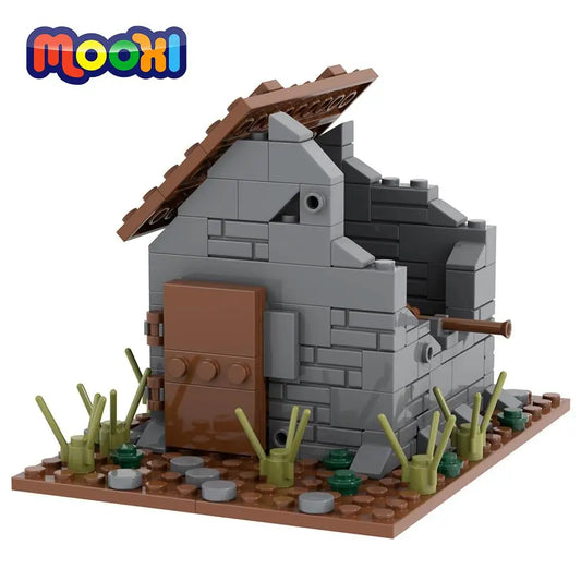 MOOXI Wars Damaged Houses 148Pcs MOC Bricks WW2 Military Scene Farm City DIY Building Blocks Kids Toys For Children Gift MOC5072
