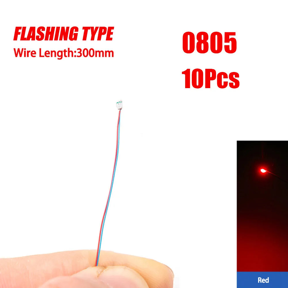 10pcs 0805 FLASHING LED SMD Lamp Wired Micro Litz Led Pre-soldered Chip Wired 30cm 3V Railway Model Toy Light DIY Leads Wires - MyLootWare