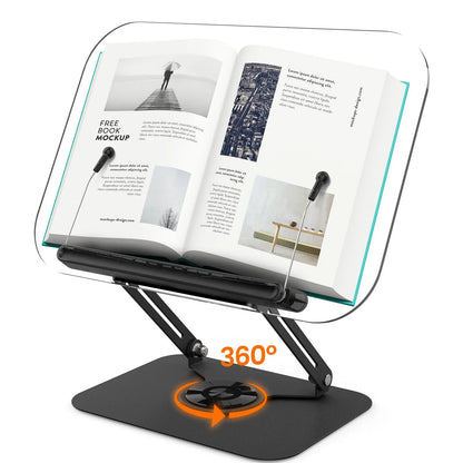 Acrylic Book Stand for Reading, Adjustable Book Holder with 360° Rotating Base & Elastic Page Clips Foldable Desktop Riser Stand - MyLootWare