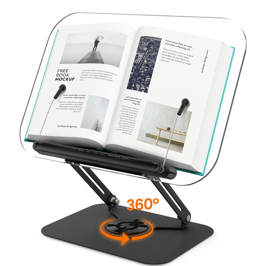 Acrylic Book Stand for Reading, Adjustable Book Holder with 360° Rotating Base & Elastic Page Clips Foldable Desktop Riser Stand - MyLootWare
