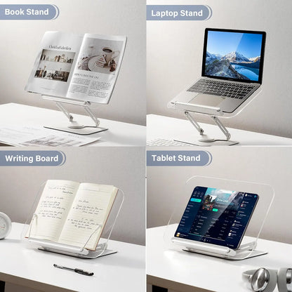 Acrylic Book Stand for Reading, Adjustable Book Holder with 360° Rotating Base & Elastic Page Clips Foldable Desktop Riser Stand - MyLootWare