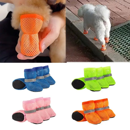 4pcs/set Fashion Breathable Dog Mesh Shoes Non-slip Wear Resistant Pet Short Boots Reflective Hollow Out Dog Shoes Spring - MyLootWare