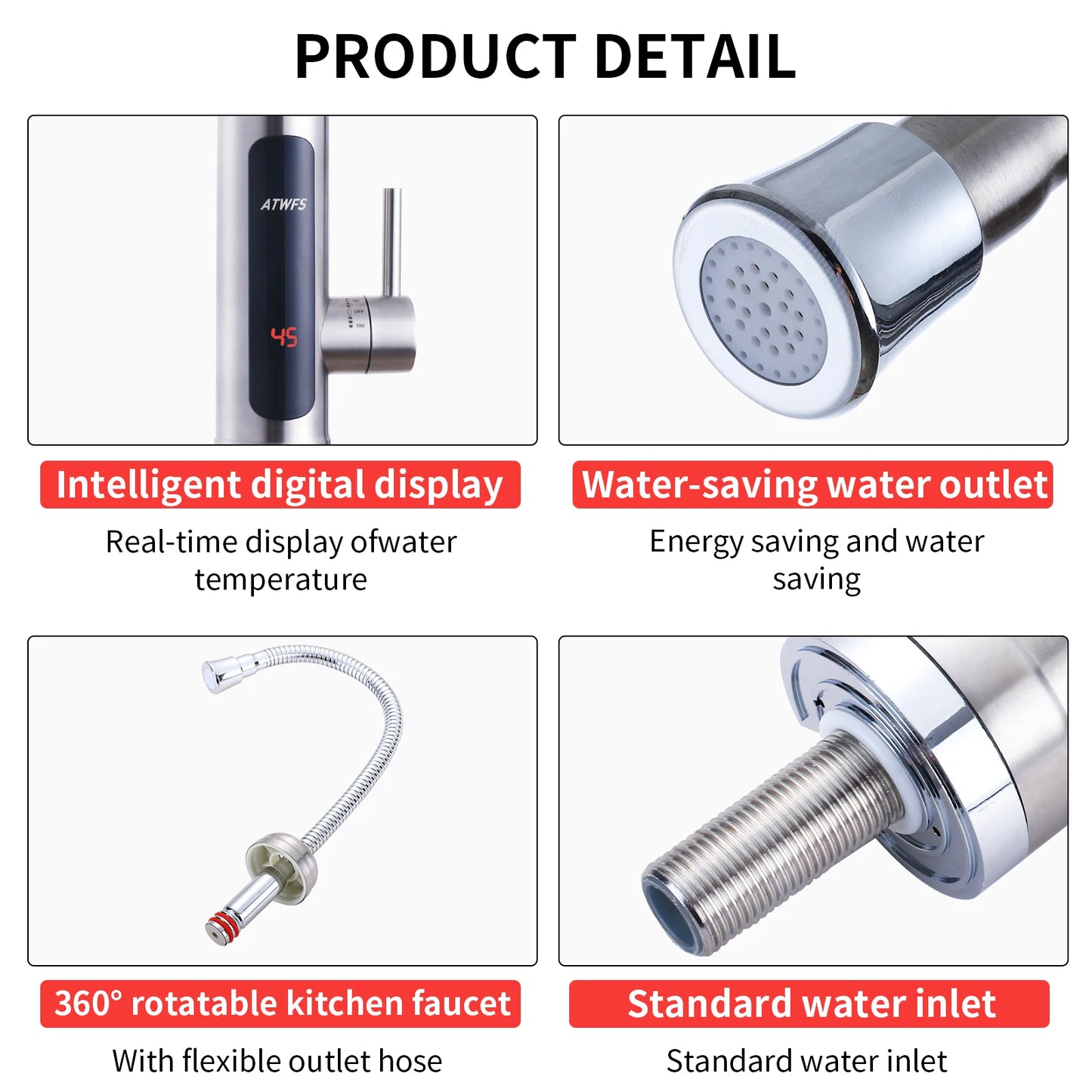 ATWFS 3000W Instant Water Heater Tankless Heaters Kitchen Electric Hot Water Tap Bathroom Heating Stainless Steel Faucet - MyLootWare