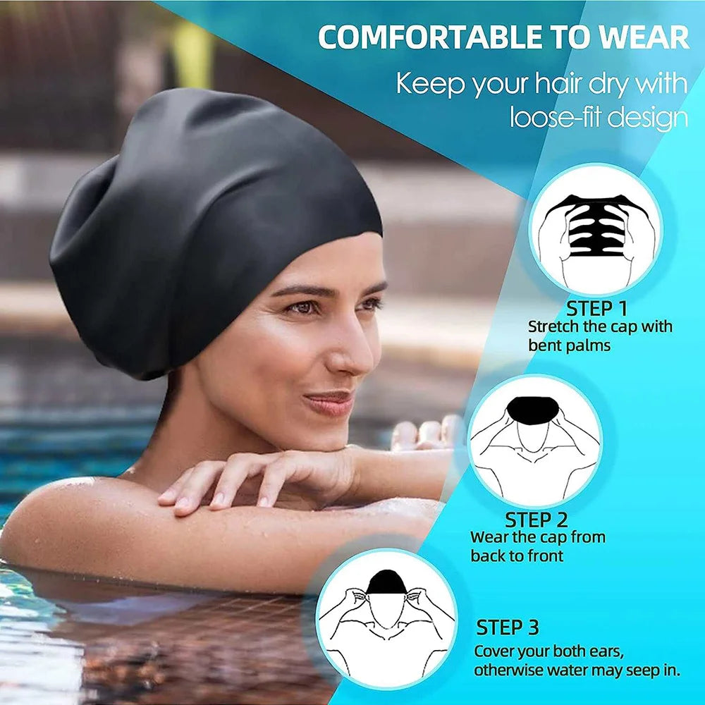 Extra large silicone swimming cap with long hair