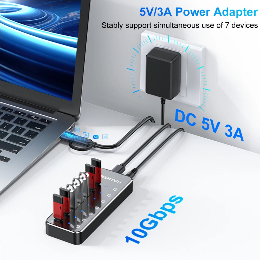 RSHTECH Powered 7 Port 10Gbps Data USB Hubs