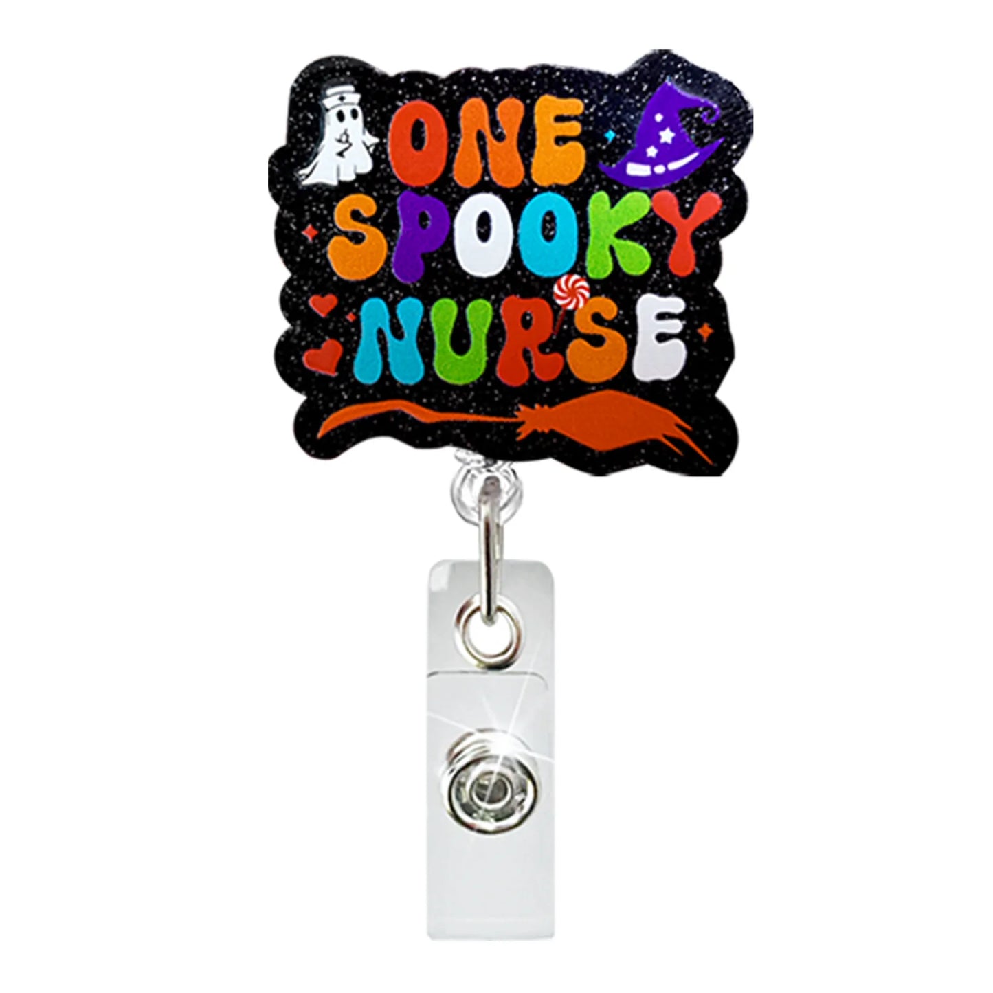 Acrylic Glitter Halloween Ghost Pumpkin Cat Retractable Badge Reel Rotating ID Badge Holder Crocodile Clip For Doctor And Nurse - MyLootWare