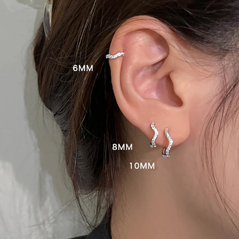 2PCS Stainless Steel Minimal Wave Hoop Earrings Crystal Zirconia Small Huggie Thin Cartilage Earring Piercing Jewelry 2023 New - MyLootWare