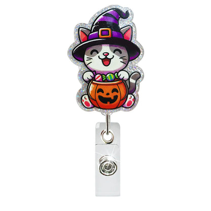 Acrylic Glitter Halloween Ghost Pumpkin Cat Retractable Badge Reel Rotating ID Badge Holder Crocodile Clip For Doctor And Nurse - MyLootWare