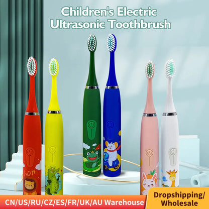 Children's Electric Toothbrush Sonic Toothbrush Soft Bristled Cartoon Toothbrush 4 Mode Waterproof Kids With Cleaning brush - MyLootWare