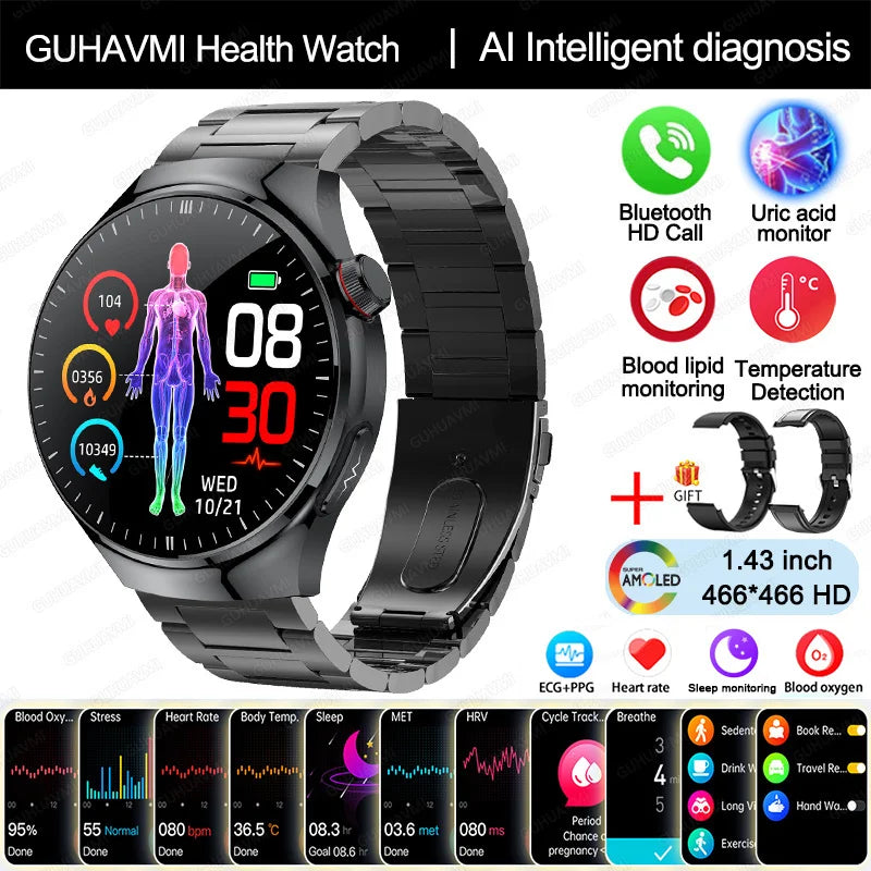 2025 New Nursing Grade Smart Watch Blood oxygen Blood Lipid Uric Acid ECG+PPG Body Temperature Bluetooth Call Health Smartwatch - MyLootWare