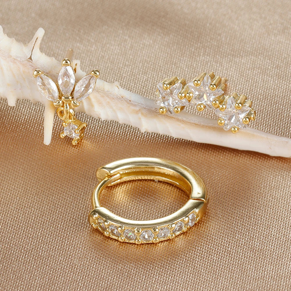 3PCS Stainless Steel Huggies Star Hoop Earrings Set for Women Trendy Zircon Pendant Gold Color Statement Piercing Jewelry Aretes - MyLootWare