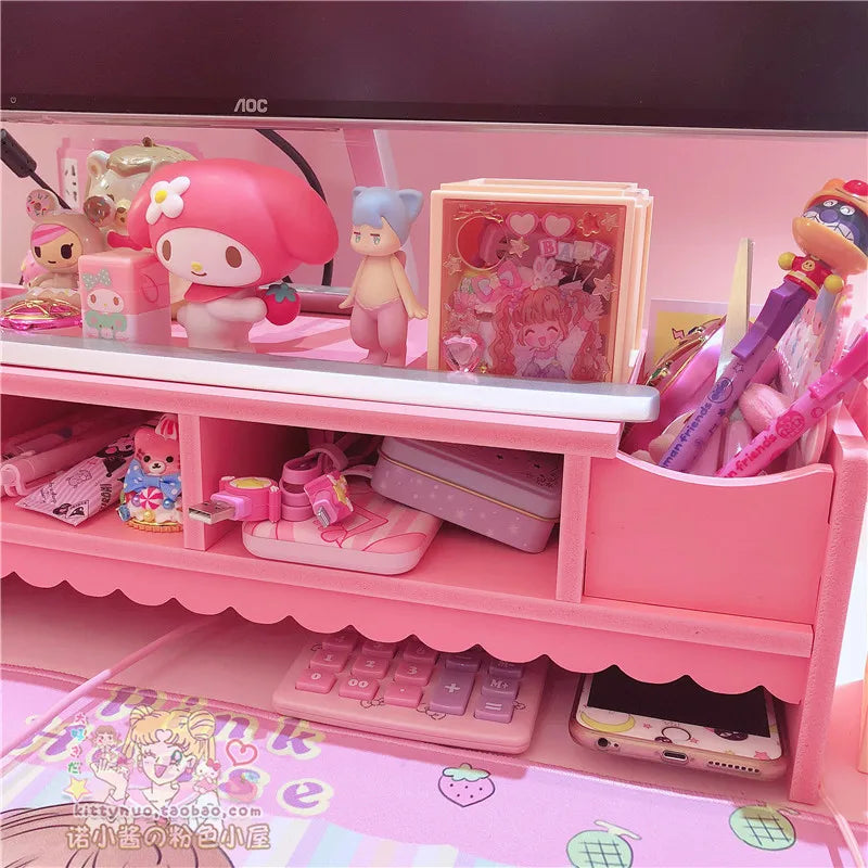 Pink Cute Monitor Stand Desktop Storage Wood