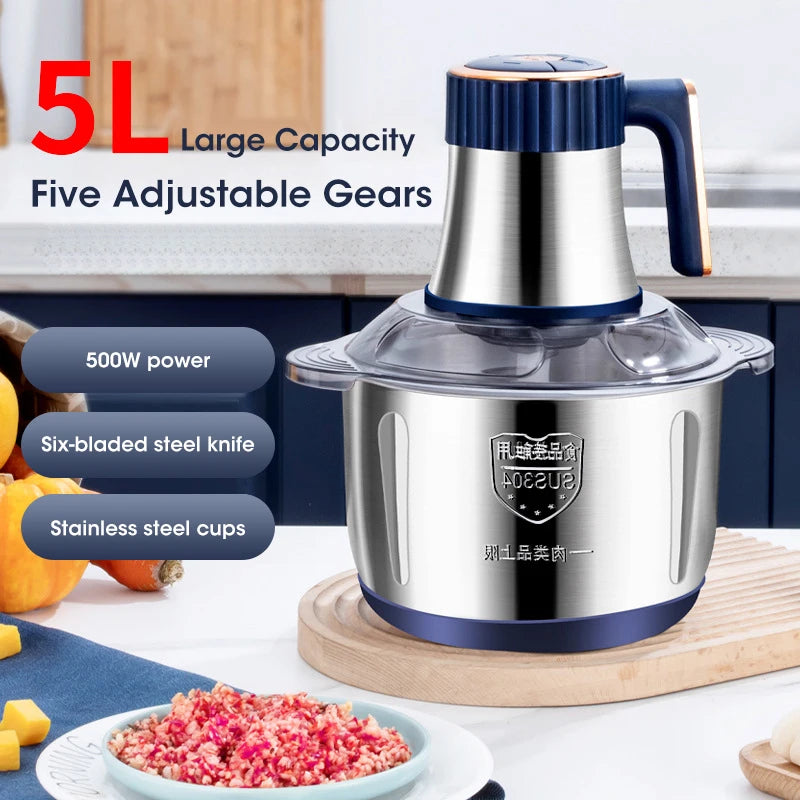 5L Electric Meat Grinders 304 Stainless Steel Food Crusher Multifunctional Vegetable Slicer Chopper Mincer Baby Food Processor - MyLootWare