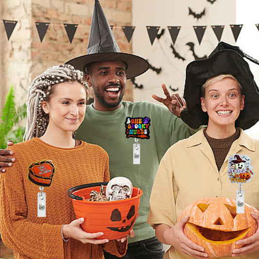 Acrylic Glitter Halloween Ghost Pumpkin Cat Retractable Badge Reel Rotating ID Badge Holder Crocodile Clip For Doctor And Nurse - MyLootWare