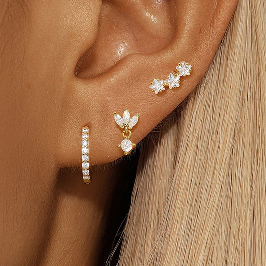 3PCS Stainless Steel Huggies Star Hoop Earrings Set for Women Trendy Zircon Pendant Gold Color Statement Piercing Jewelry Aretes - MyLootWare